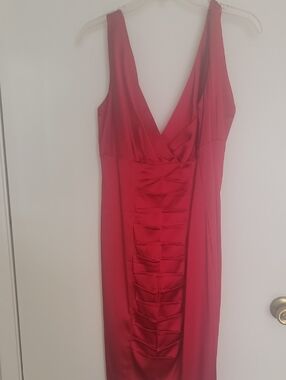 Calvin Klein Red Satin Midi Dress with Front Pleat Detail